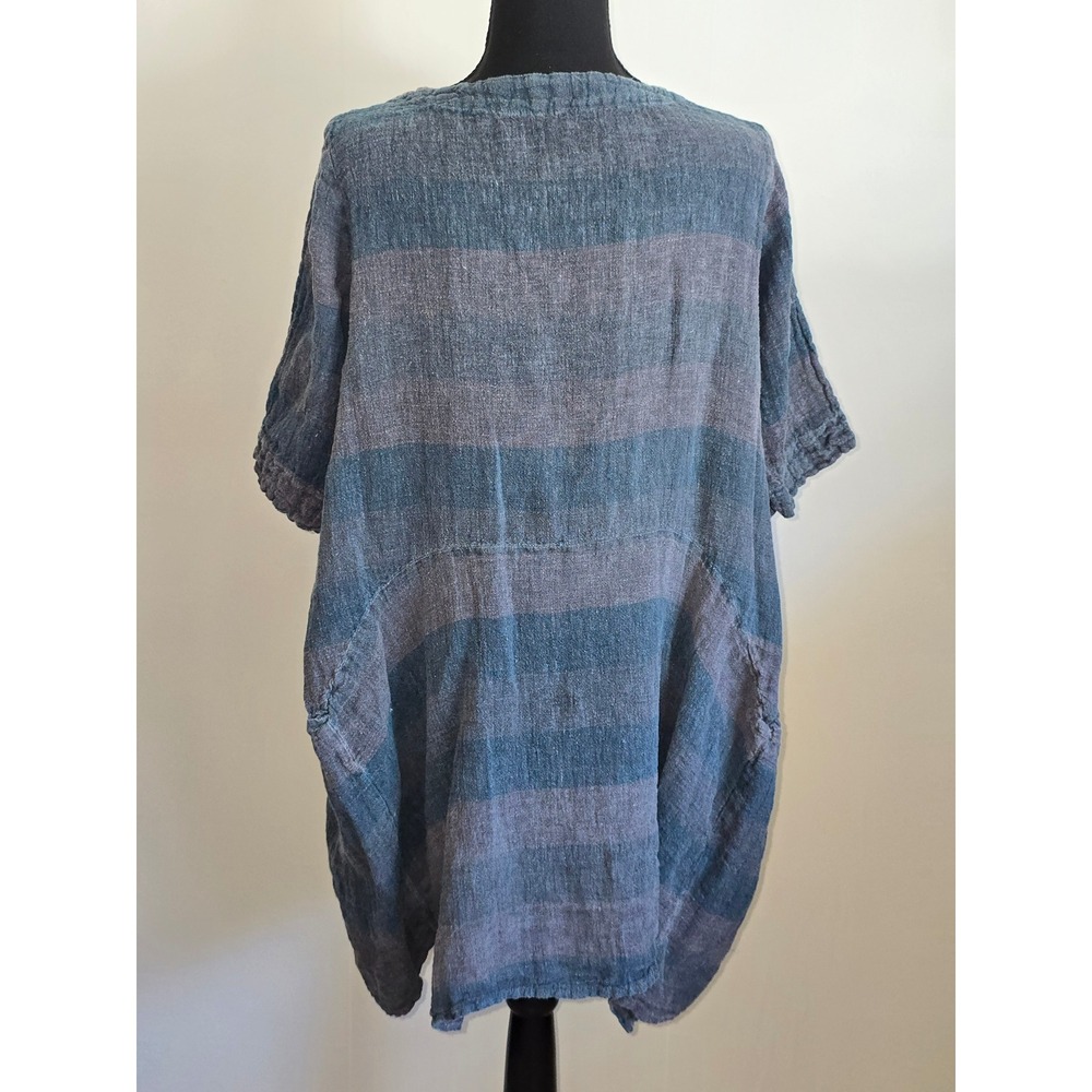Luukaa Women Tunic Top Large Blue Gray Striped Linen Pocket Lagenlook minimalist - Picture 4 of 11
